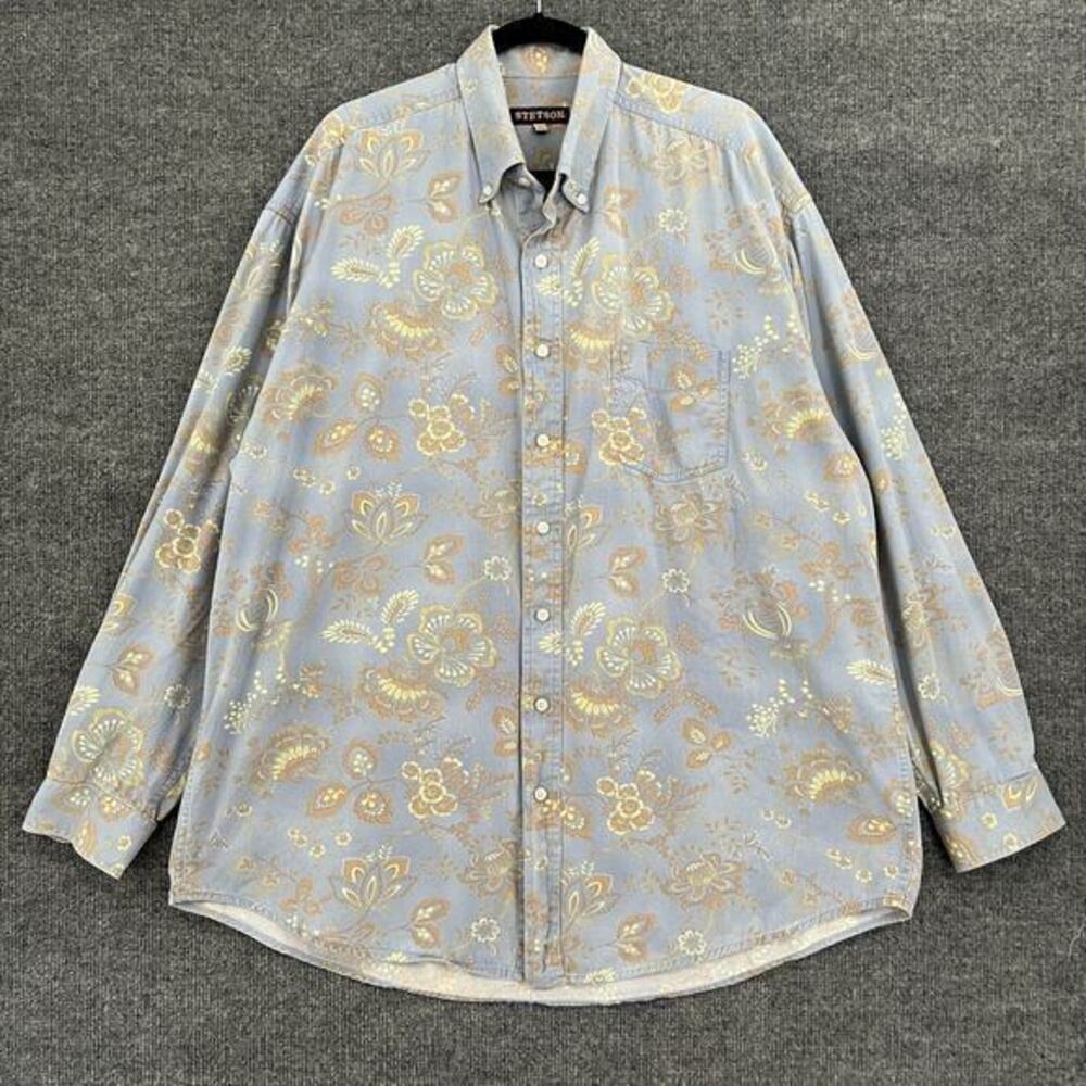 Stetson Mens Button Up Shirt 2XL Light Blue Floral Long Sleeve Cowboy Western